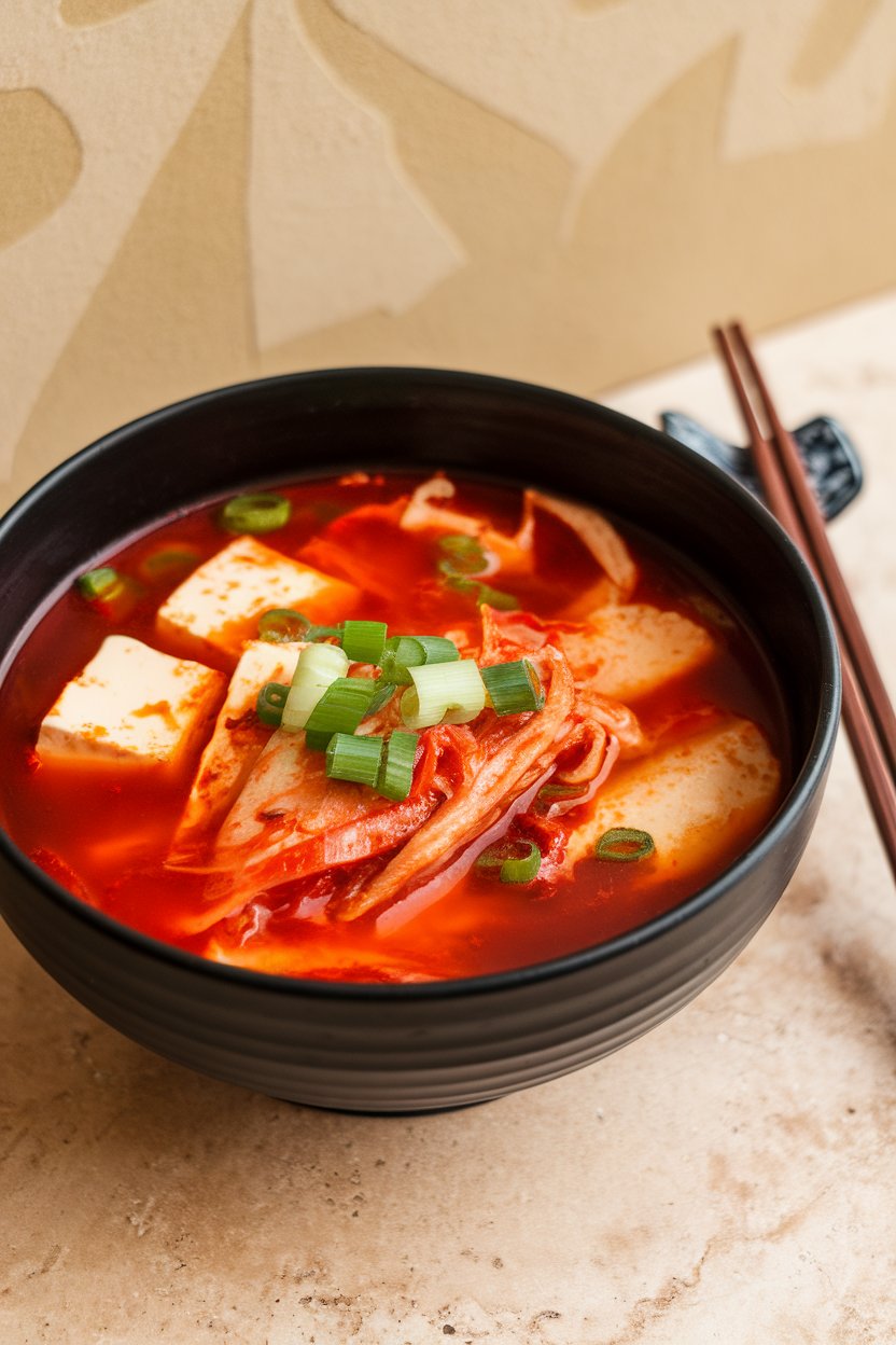 Indoor photo of spicy red kimchi soup with tofu cubes and scallions in a black bowl; no text or logos