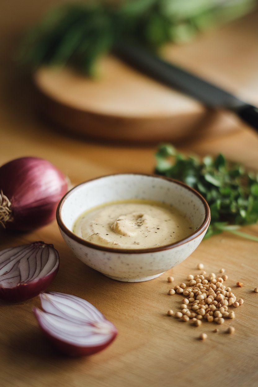 Indoor close-up of a small bowl containing pale mustard shallot vinaigrette, minced shallots and mustard seeds beside it. Photo, not illustration. No text or logos.