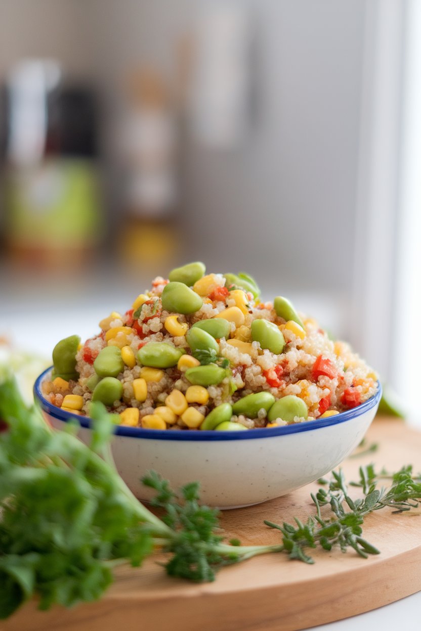 A bright indoor bowl of quinoa mixed with shelled edamame, sweet corn, diced red pepper, and lime dressing; no text or logos; photo.
