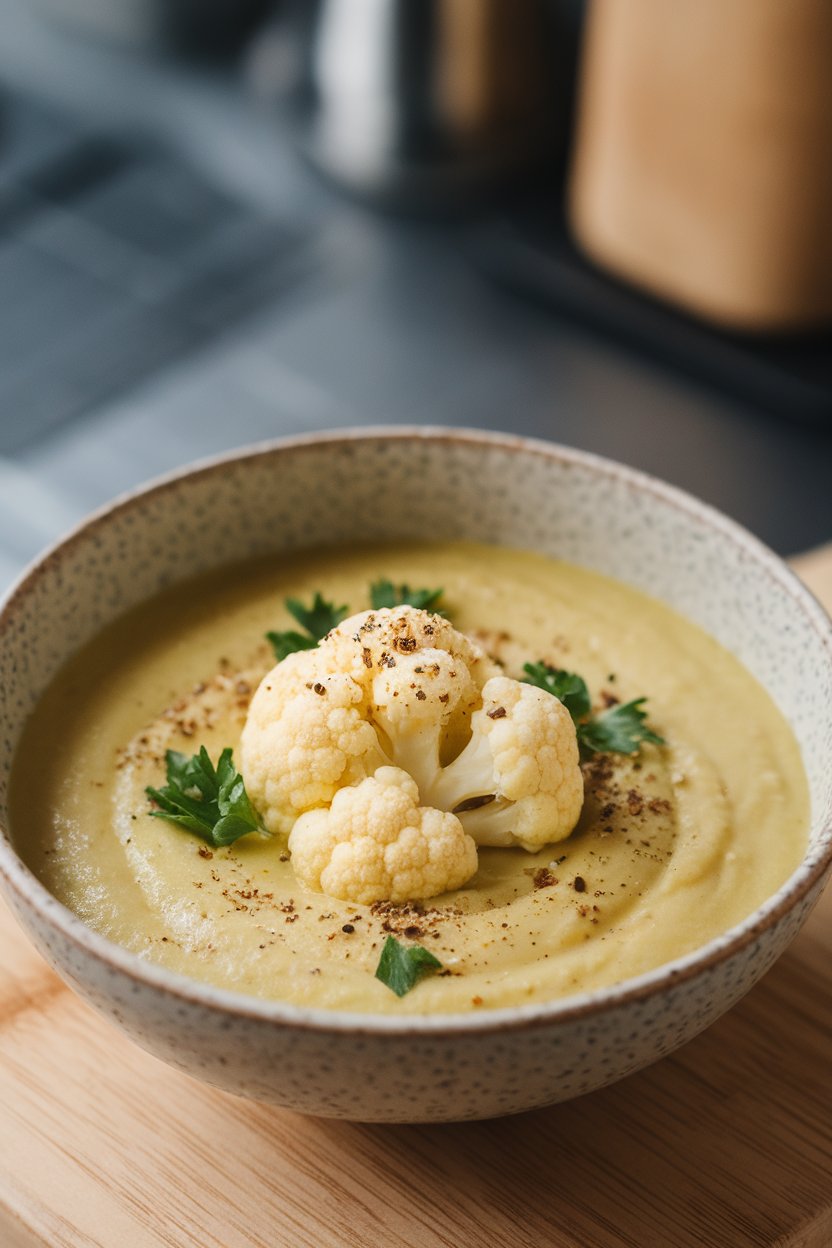 Indoor soup bowl of pale yellow cauliflower soup garnished with cracked pepper and parsley. No logos or text; photo.