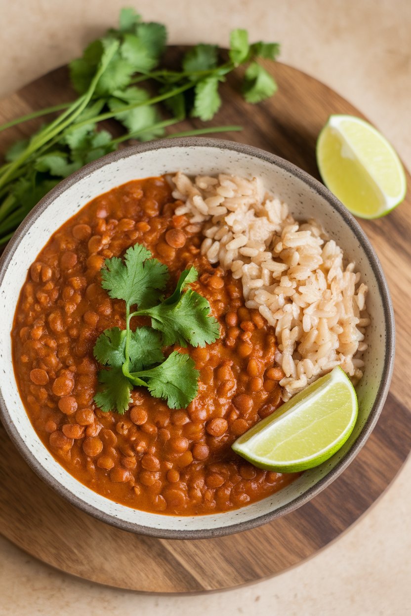 An indoor bowl of thick red lentil dal garnished with cilantro and a wedge of lime, served alongside brown rice; no text or logos.