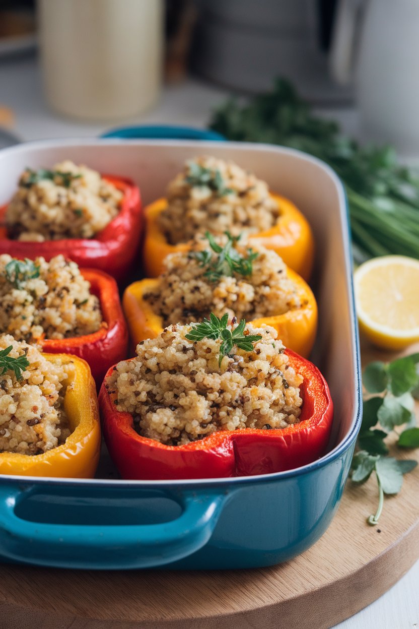 An indoor casserole dish containing roasted bell pepper halves filled with fluffy herbed quinoa, photo, no text or logos.