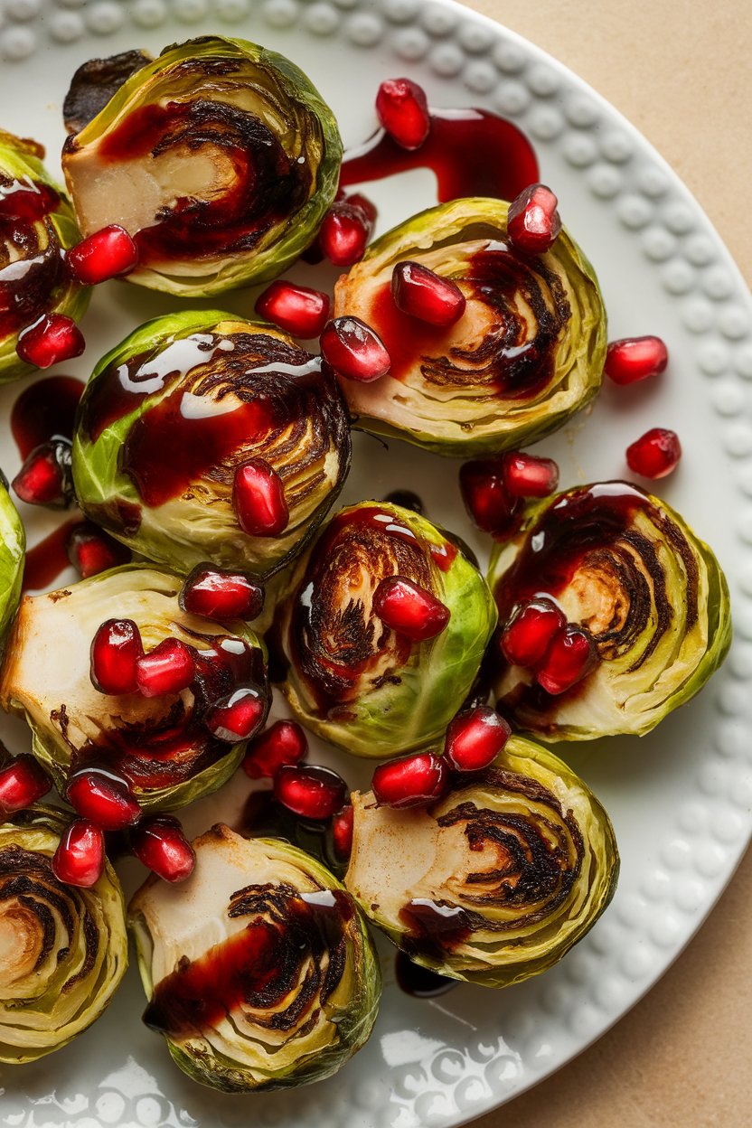 Indoor photo of roasted Brussels sprouts drizzled with glossy pomegranate balsamic reduction, arils scattered on top. No text or logos.
