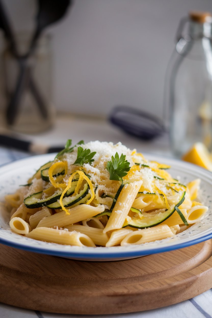 Indoor plate of penne mixed with thin zucchini ribbons, lemon zest, and parsley. No text or logos.