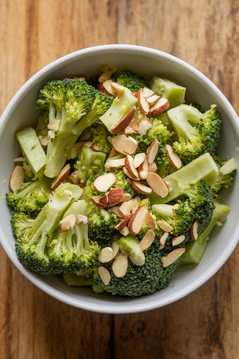 Indoor bowl of finely chopped raw broccoli stems and florets mixed with sliced almonds and light yogurt dressing. No text or logos.