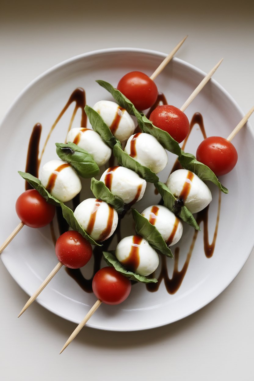 Small indoor skewers threaded with cherry tomatoes, basil leaves, and mozzarella pearls, lightly drizzled with balsamic. No text or logos. Photo, not illustration.