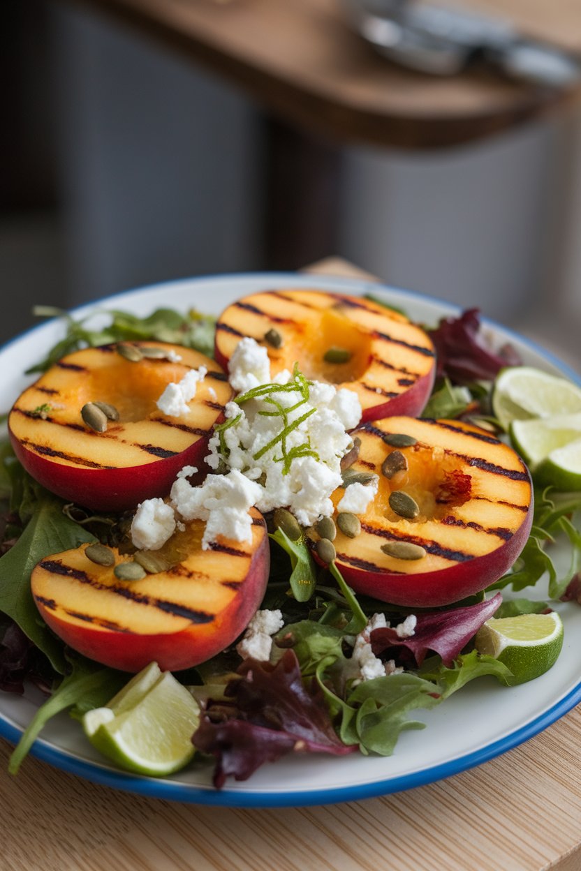 Photo prompt: Indoor plate of grilled peach halves over mixed greens with lime zest, crumbled feta, and pumpkin seeds. No text or logos visible.