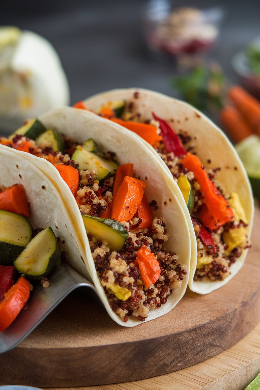 Photo indoors showing tacos stuffed with tri-color quinoa and oven-roasted carrots, zucchini, and red peppers. No visible text or logos.