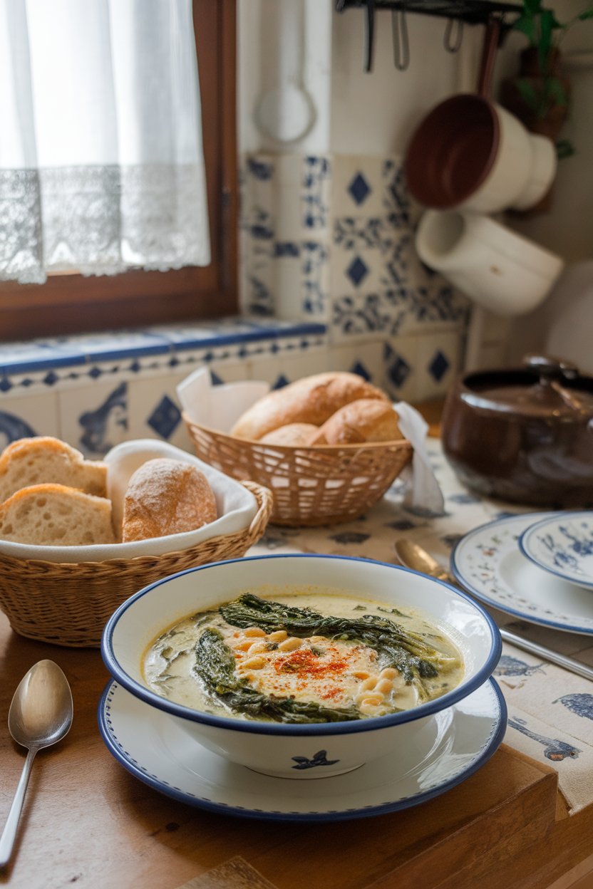 Indoor Italian kitchen table with bowl of broccoli rabe and cannellini soup, red pepper flakes sprinkled. No text or logos. Photo.