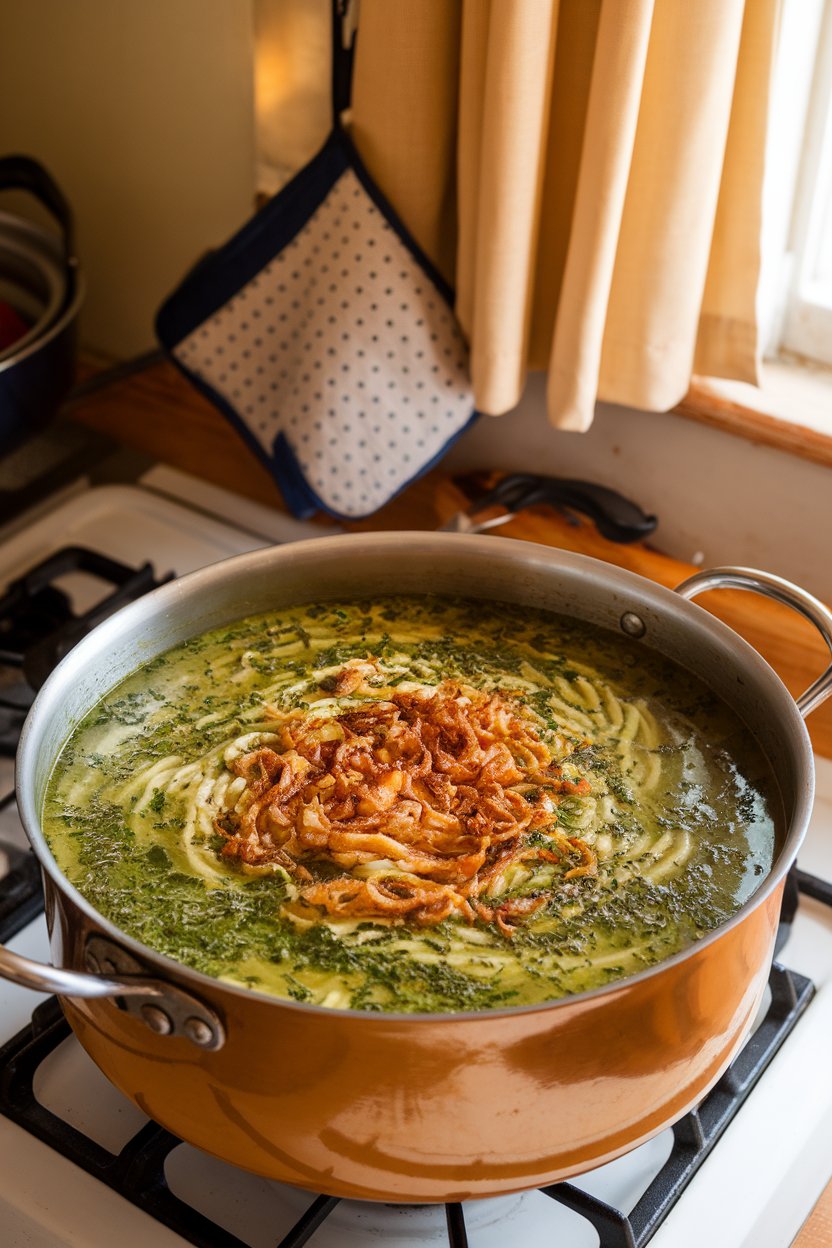 Indoor Persian kitchen setting with a pot of thick herb noodle soup, fried onions on top. No text or logos. Photo.