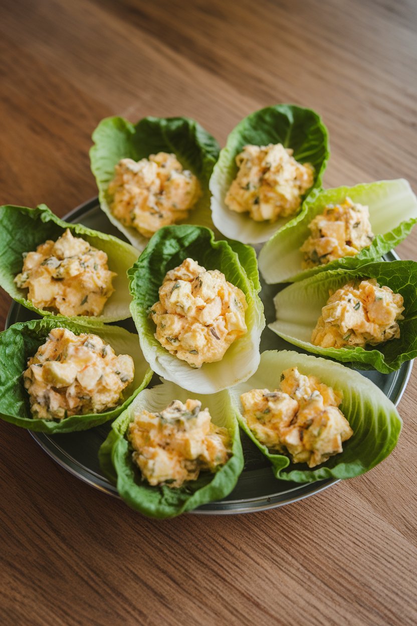 A small indoor platter of crisp romaine leaves each holding a scoop of chunky egg salad; overhead, no text or logos.