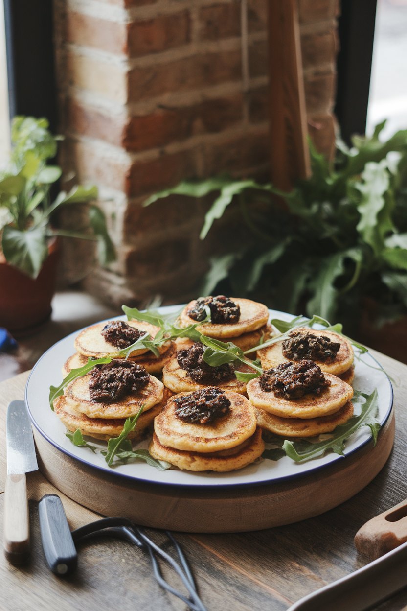 Indoor platter of golden chickpea flour pancakes topped with dark olive tapenade and arugula. No text or logos.