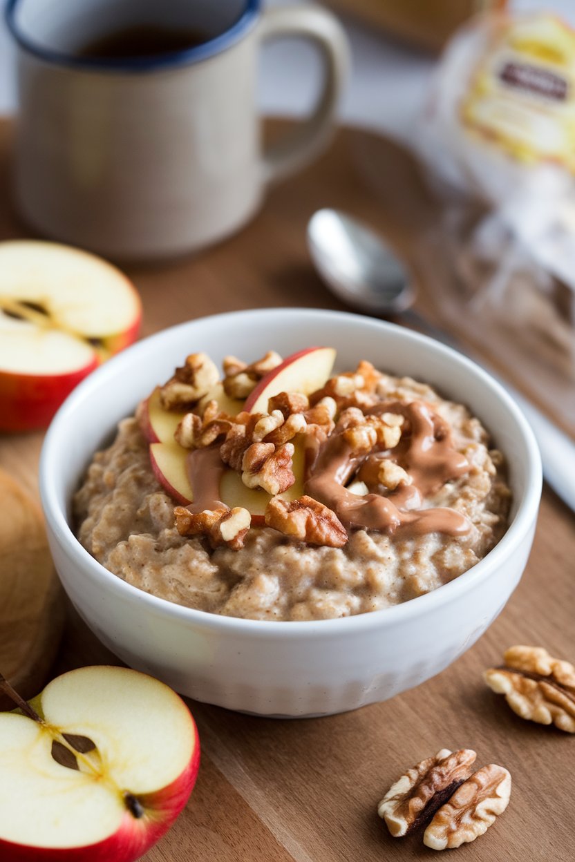 Indoor image of hearty oats topped with warm cinnamon apples, toasted walnuts, and a drizzle of almond butter. No text or logos.