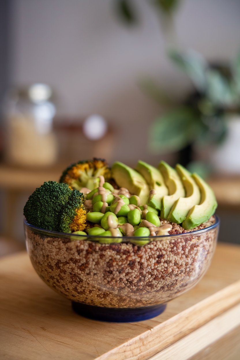 Photo, indoors, deep bowl featuring quinoa base topped with roasted broccoli, edamame, avocado fan, and drizzled green tahini sauce. No text or logos in scene.