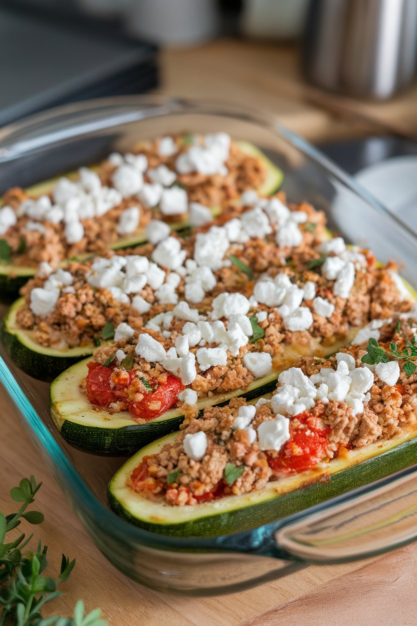 Indoor photo of zucchini halves filled with ground turkey, tomatoes, and herbs, topped with crumbled feta, baked in a glass dish. No text or logos.