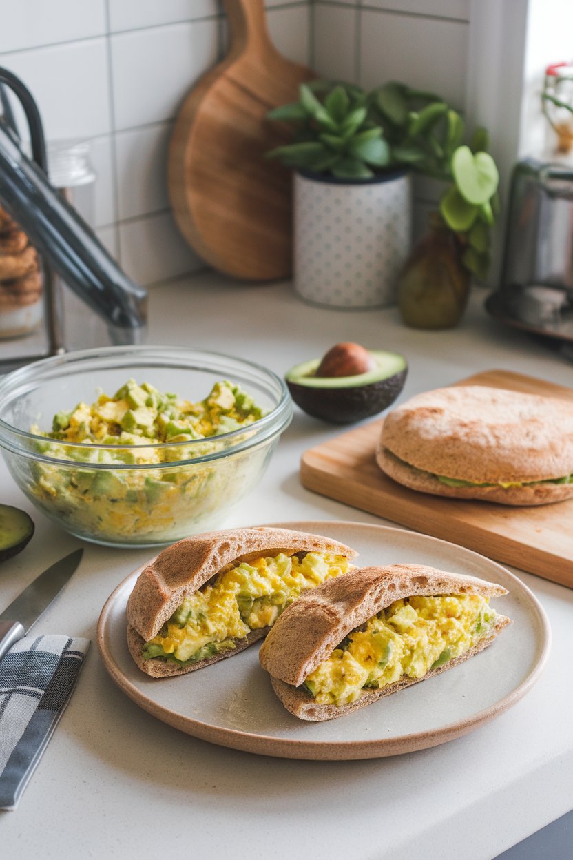 An indoor kitchen scene showing halved whole-wheat pitas stuffed with bright green avocado egg salad. Photo only, no text or logos.