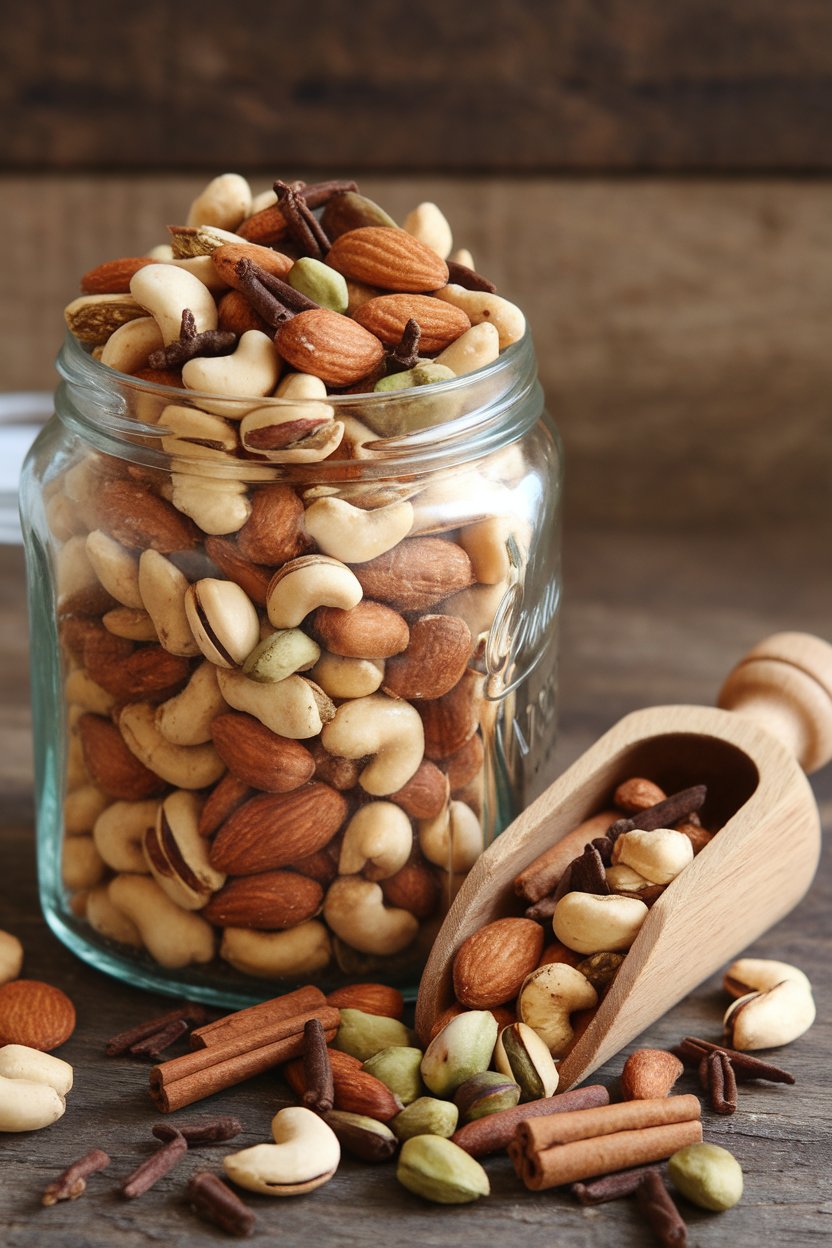 A glass jar indoors filled with assorted roasted nuts coated in chai spices, wooden scoop beside; no text or logos, photo only