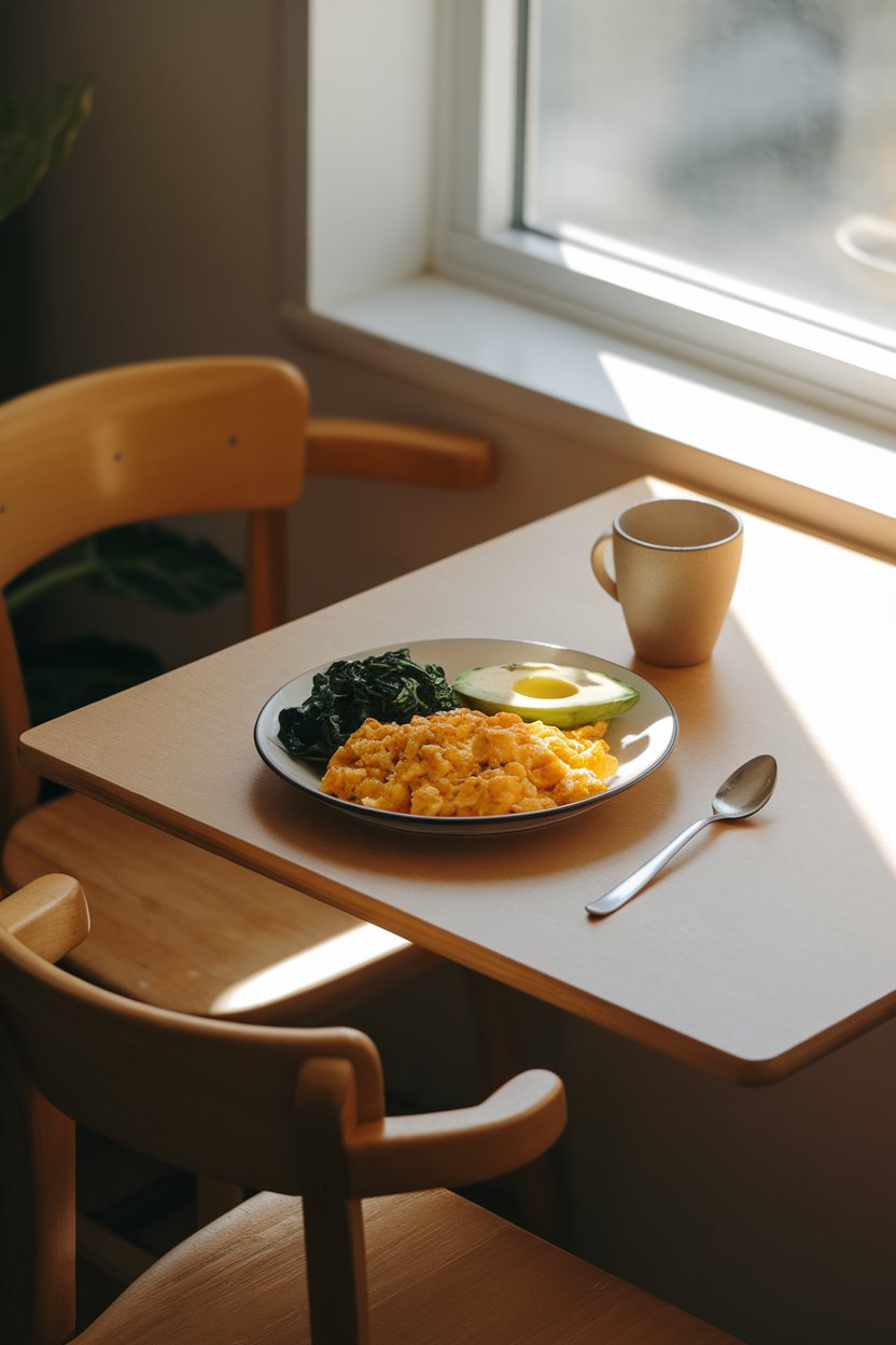 An indoor breakfast nook with a plate of scrambled eggs, sautéed spinach, and sliced avocado, morning sunlight streaming through a nearby window. No text or logos visible.