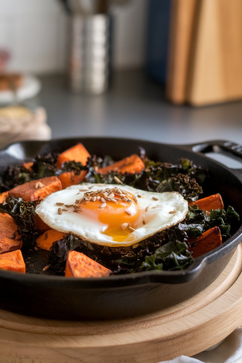 Indoor cast-iron skillet filled with diced roasted sweet potatoes and wilted kale, topped with a soft-cooked egg. No text or logos anywhere in sight.