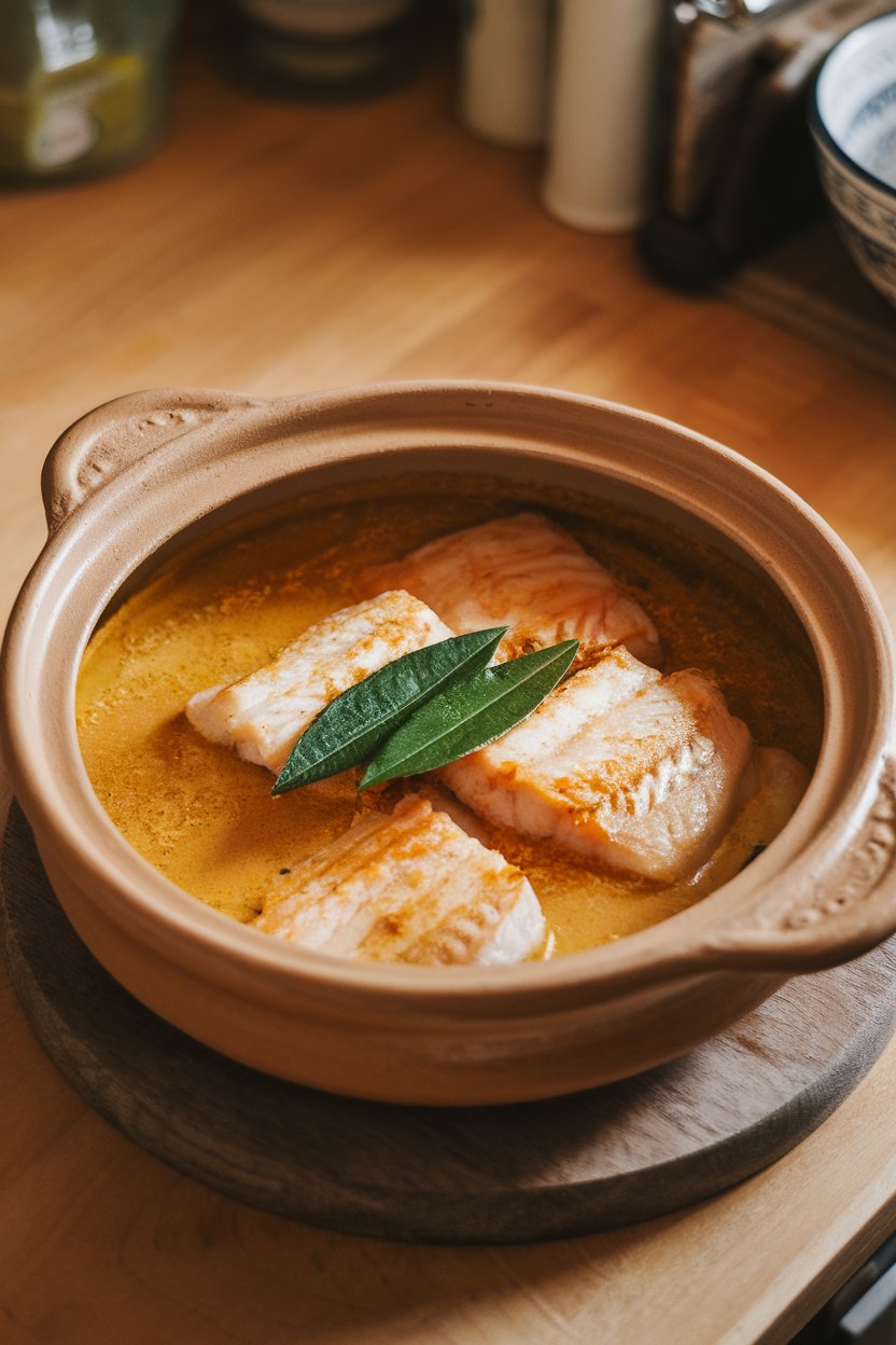 An indoor kitchen countertop scene showing a shallow clay pot of cooked fish fillets in golden coconut curry, garnished with curry leaves. No raw fish visible; no text or logos. Photo, not illustration.