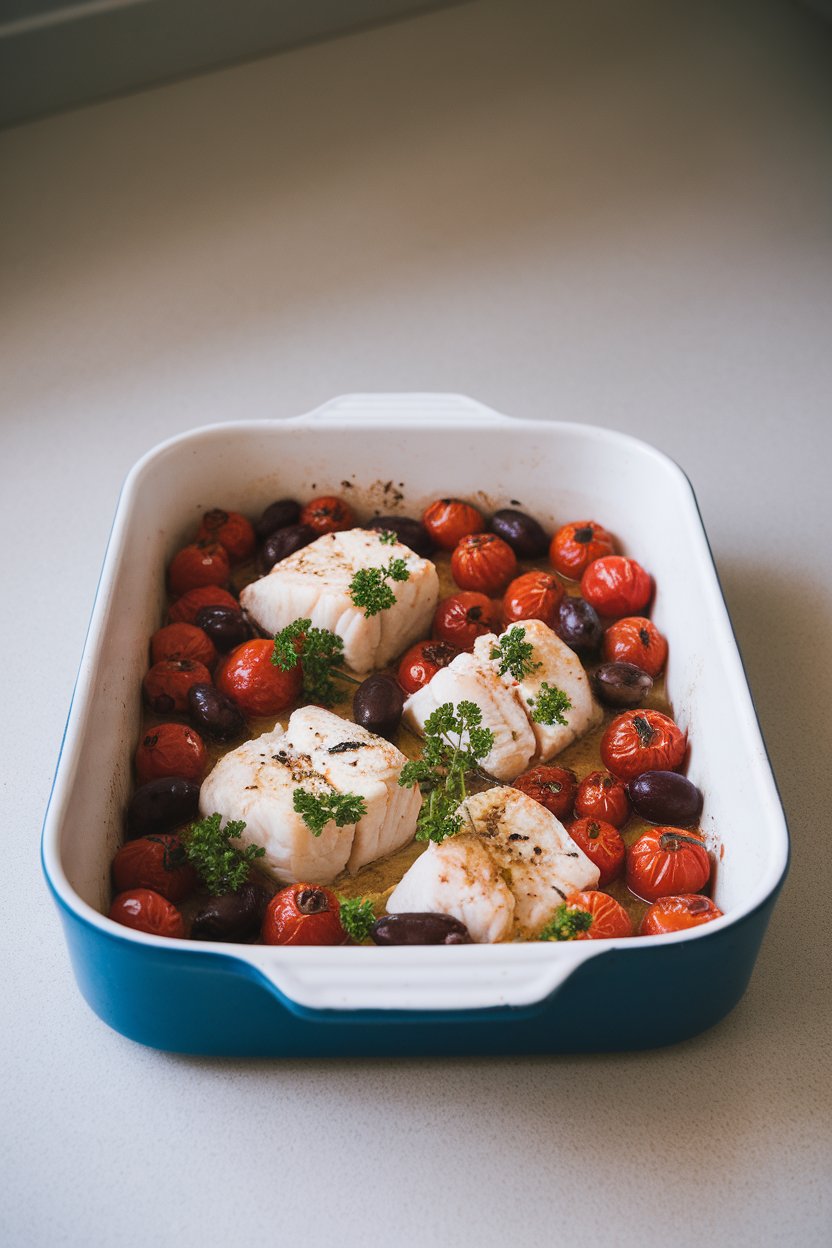 A white baking dish on an indoor countertop featuring cooked cod fillets surrounded by blistered cherry tomatoes and Kalamata olives, garnished with parsley. No text or logos on dishware.