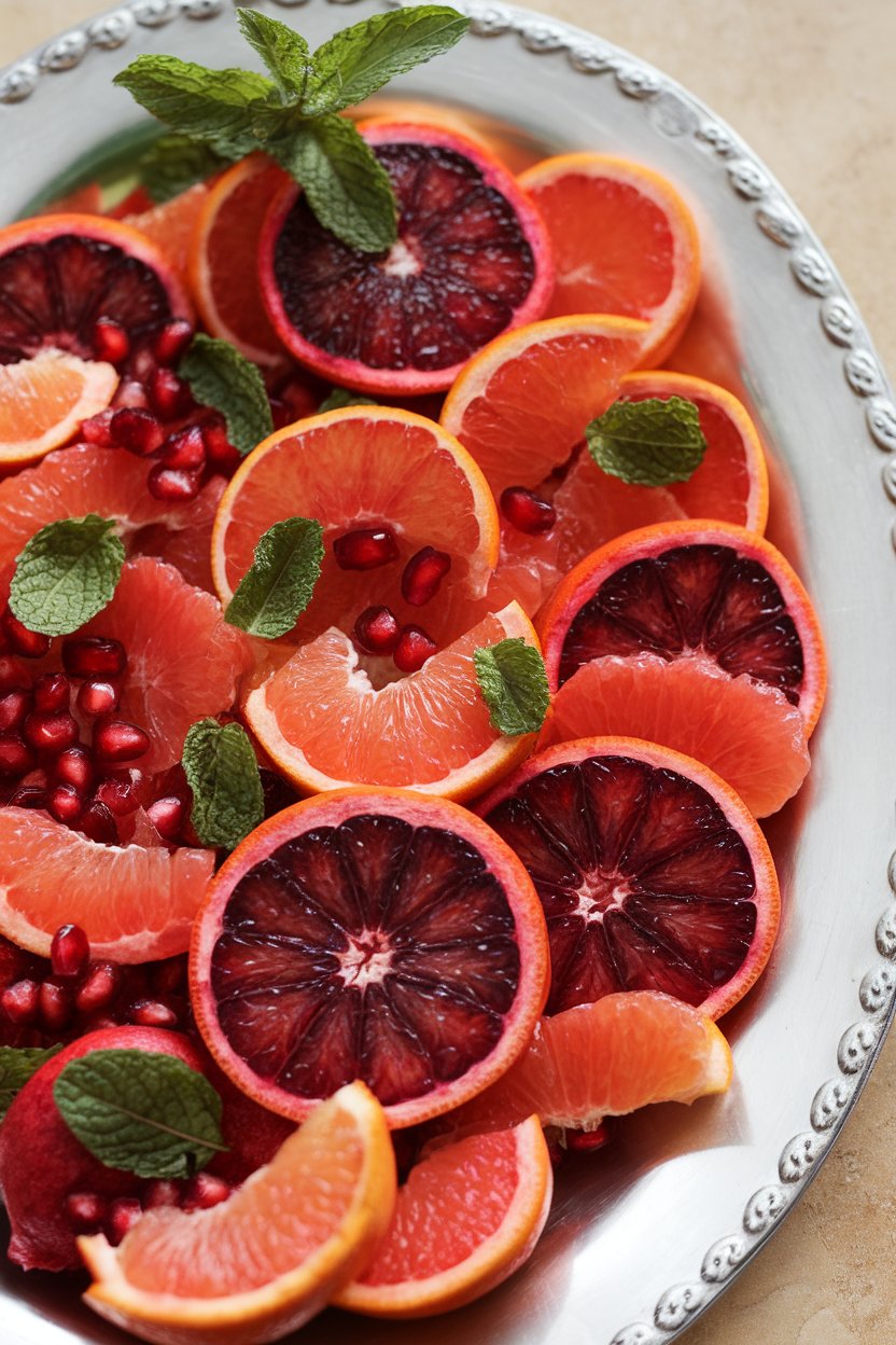 Indoor photo of sliced blood oranges and grapefruit segments mixed with pomegranate seeds on a platter, mint leaves scattered. No text or logos.