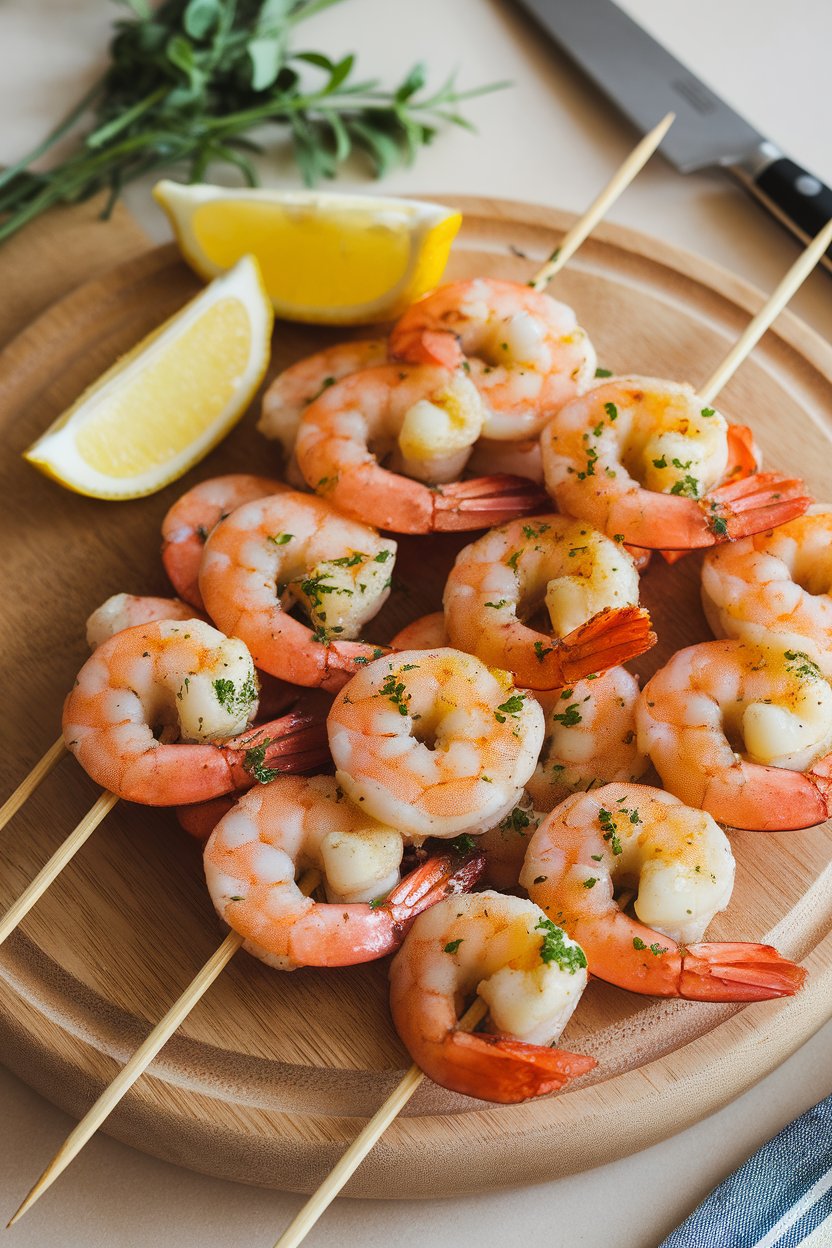 Short indoor skewers of cooked shrimp glistening with garlic butter, lemon wedges on the side. No text or logos. Photo.