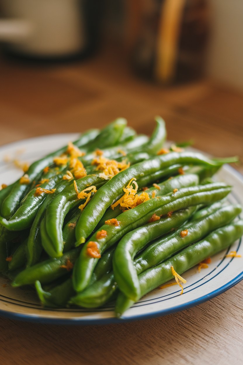 A plate of vibrant green beans glistening with garlic bits and lemon zest, indoor lighting; no text or logos, photo only