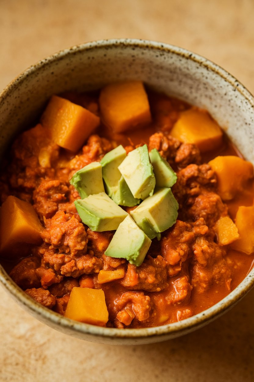 Indoor photo of chunky chili featuring orange squash cubes and ground turkey in a deep bowl, topped with avocado dice. No text or logos.