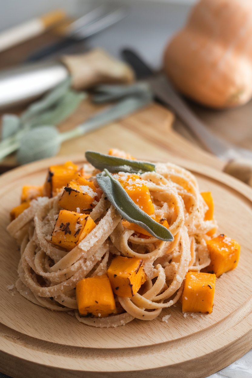 Indoor photo of whole-wheat pasta tossed with roasted butternut squash cubes and fresh sage, light parmesan dusting, no text or logos.