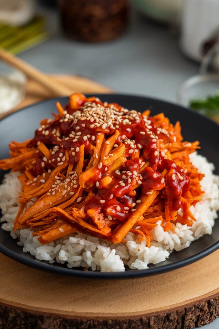Indoor photo of shredded jackfruit coated in gochujang sauce on a plate with sesame seeds, no text or logos