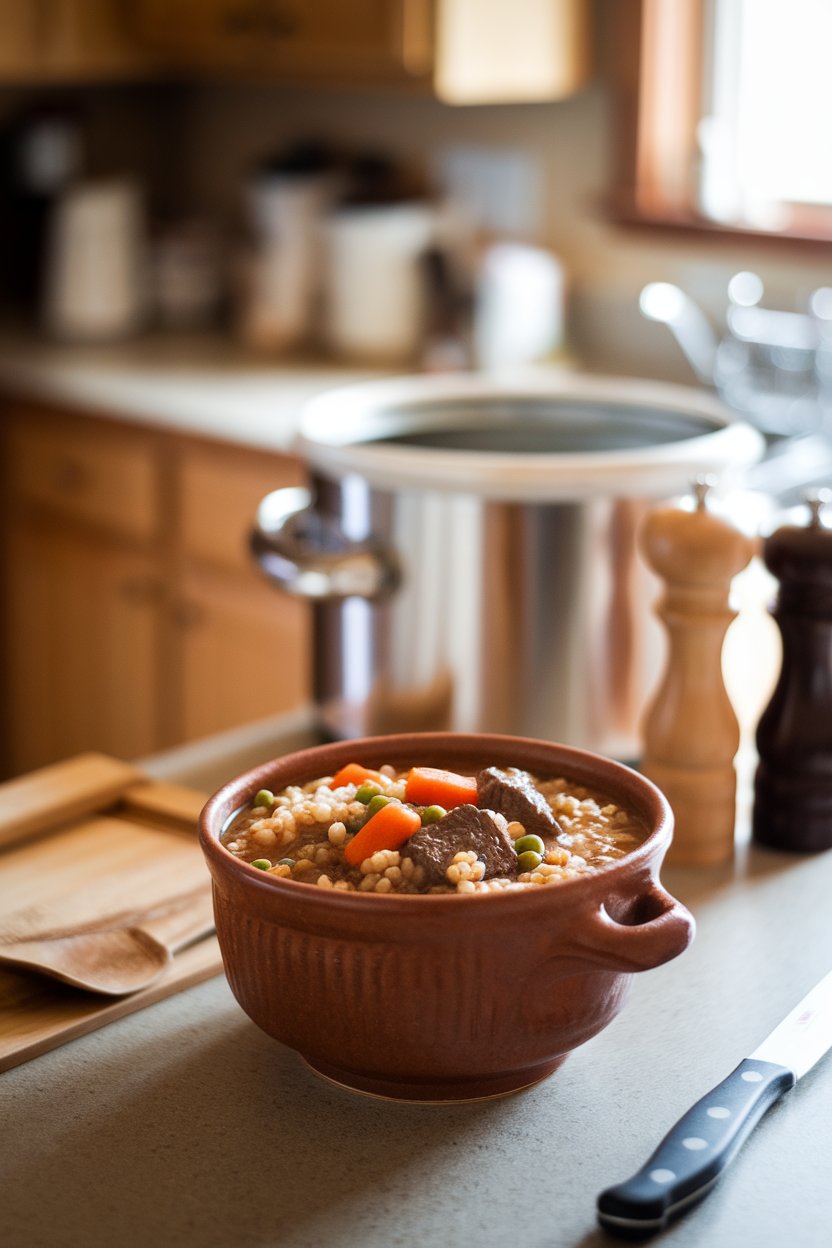 A cozy indoor countertop scene showing a ceramic bowl of hearty beef and barley stew dotted with carrots and peas, slow cooker in soft focus behind. No logos anywhere.