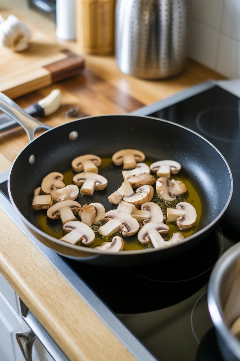 Indoor countertop with a sauté pan of sliced cremini mushrooms sizzling in olive oil, garlic cloves visible. No logos or text. Photo only.