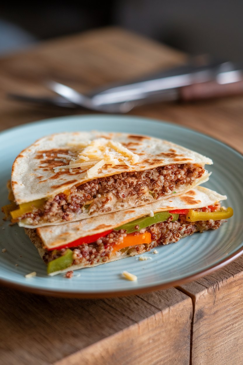 Indoor plate, quinoa-stuffed quesadilla with colorful bell peppers peeking out, photo, no text or logos.