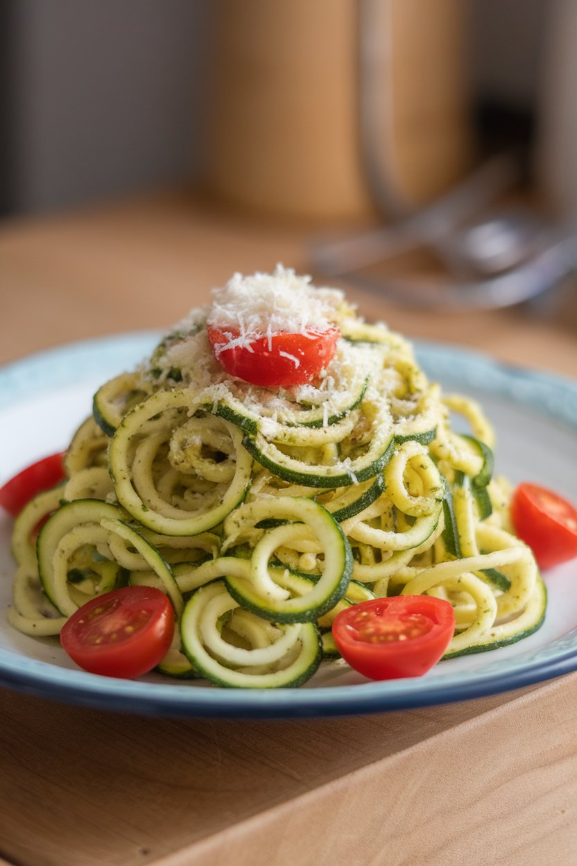 Indoor tabletop photo of spiralized zucchini noodles coated in basil pesto, dotted with halved cherry tomatoes. No brand names or logos.