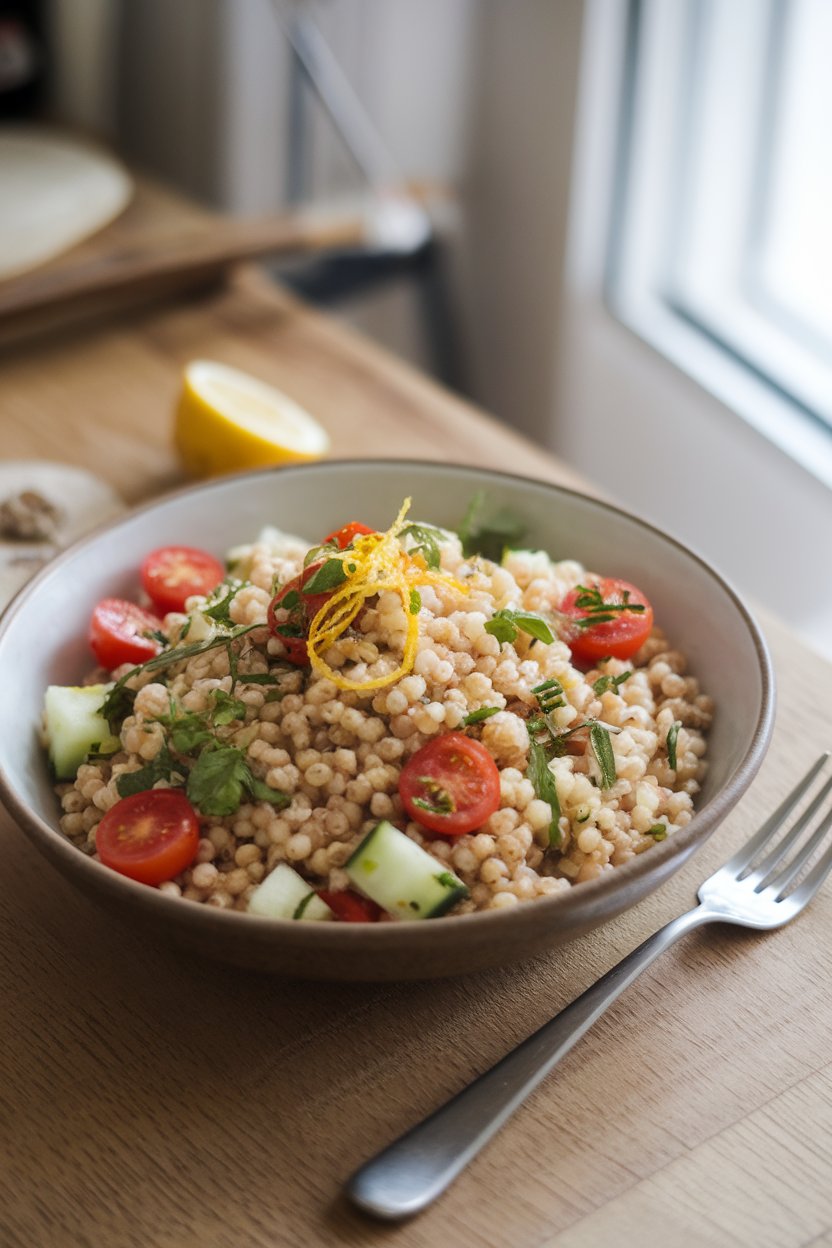 An indoor lunch setting featuring a wide bowl of cooked millet tossed with cherry tomatoes, cucumber cubes, herbs, and lemon zest. No text or logos. Photo, not illustration.