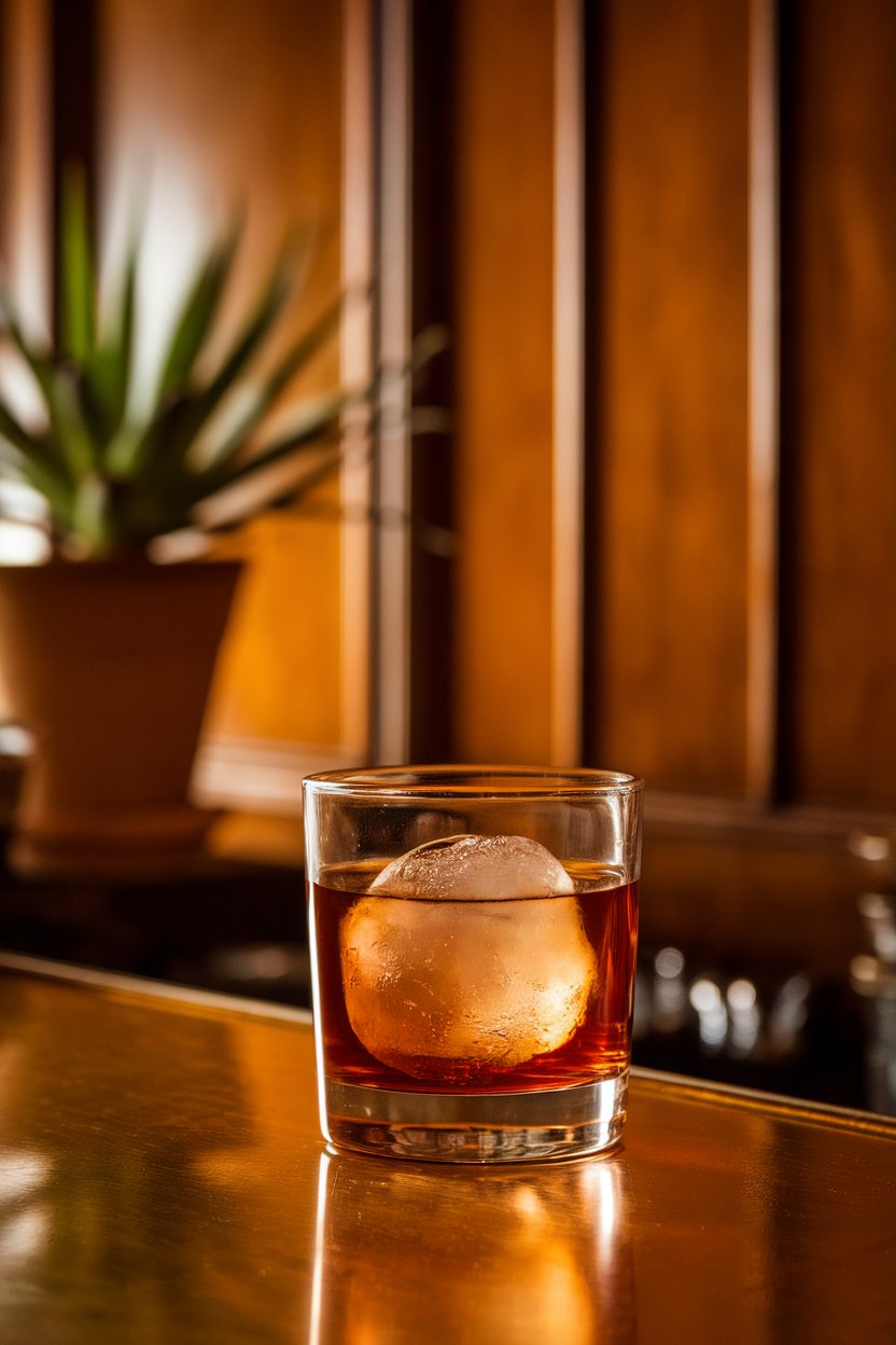 Warm indoor bar lighting highlighting a rocks glass of amber Old Fashioned sweetened with maple, large ice sphere inside. No text or logos.