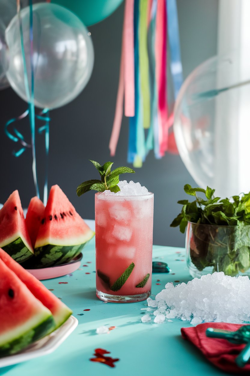 An indoor party table with a tall glass of pink Watermelon Mint Cooler, mint sprig and crushed ice. No text or logos.