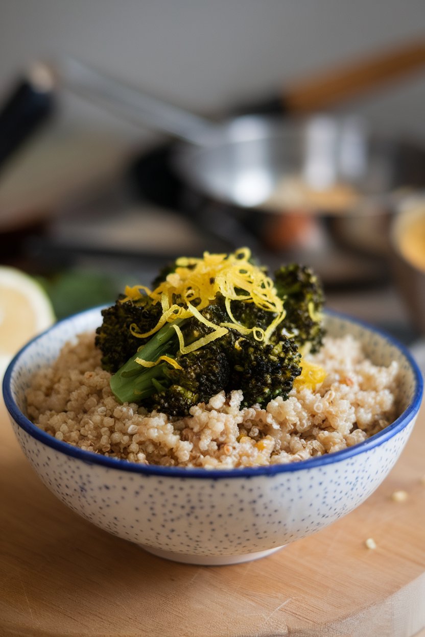 Indoor bowl with quinoa topped by sautéed broccolini and lemon zest—no text or logos.