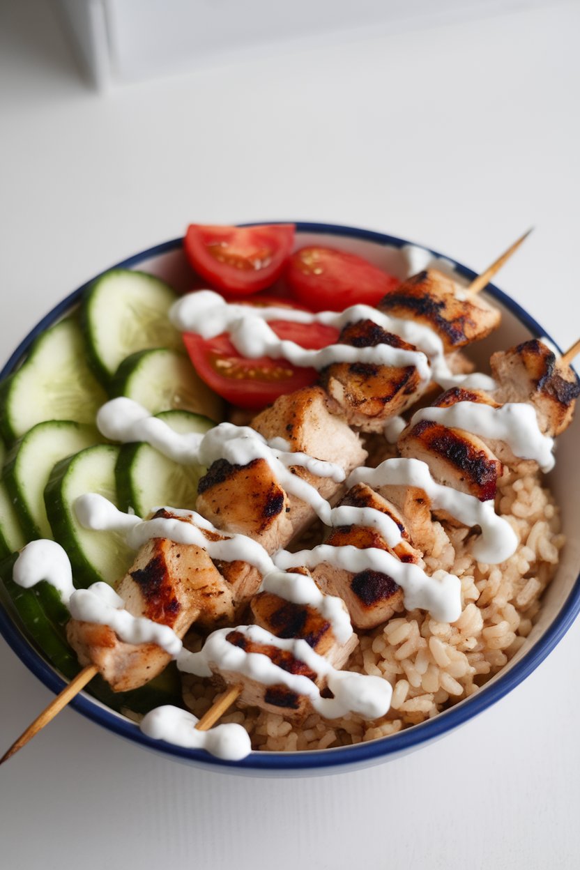 Indoor photo of a bowl containing grilled chicken skewers, cucumber, tomatoes, and brown rice, drizzled with tzatziki. No text or logos.