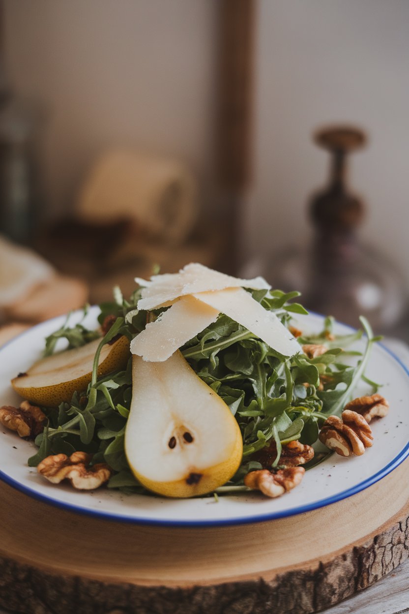 Indoor photo of a salad plate featuring baby arugula, sliced roasted pears, toasted walnuts, and thin shavings of Parmesan. No text or logos.