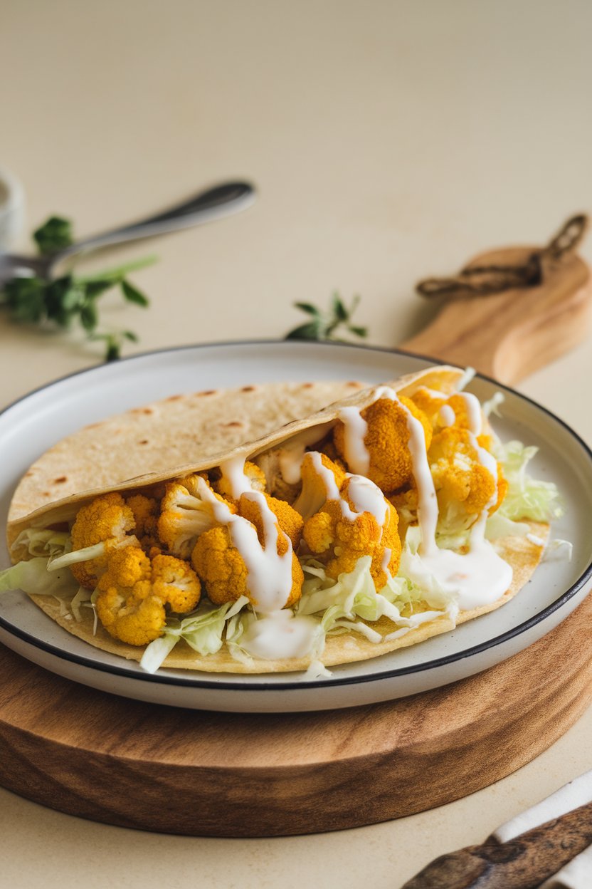 A corn tortilla indoors filled with golden curry-spiced cauliflower florets, shredded cabbage, and yogurt drizzle; no text or logos.