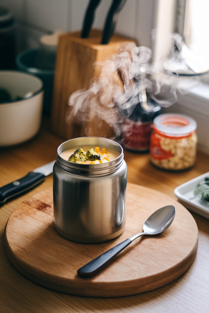 An indoor kitchen counter featuring an open thermos steaming with creamy broccoli cheddar soup, a spoon resting beside it. Photo only, no text or logos.