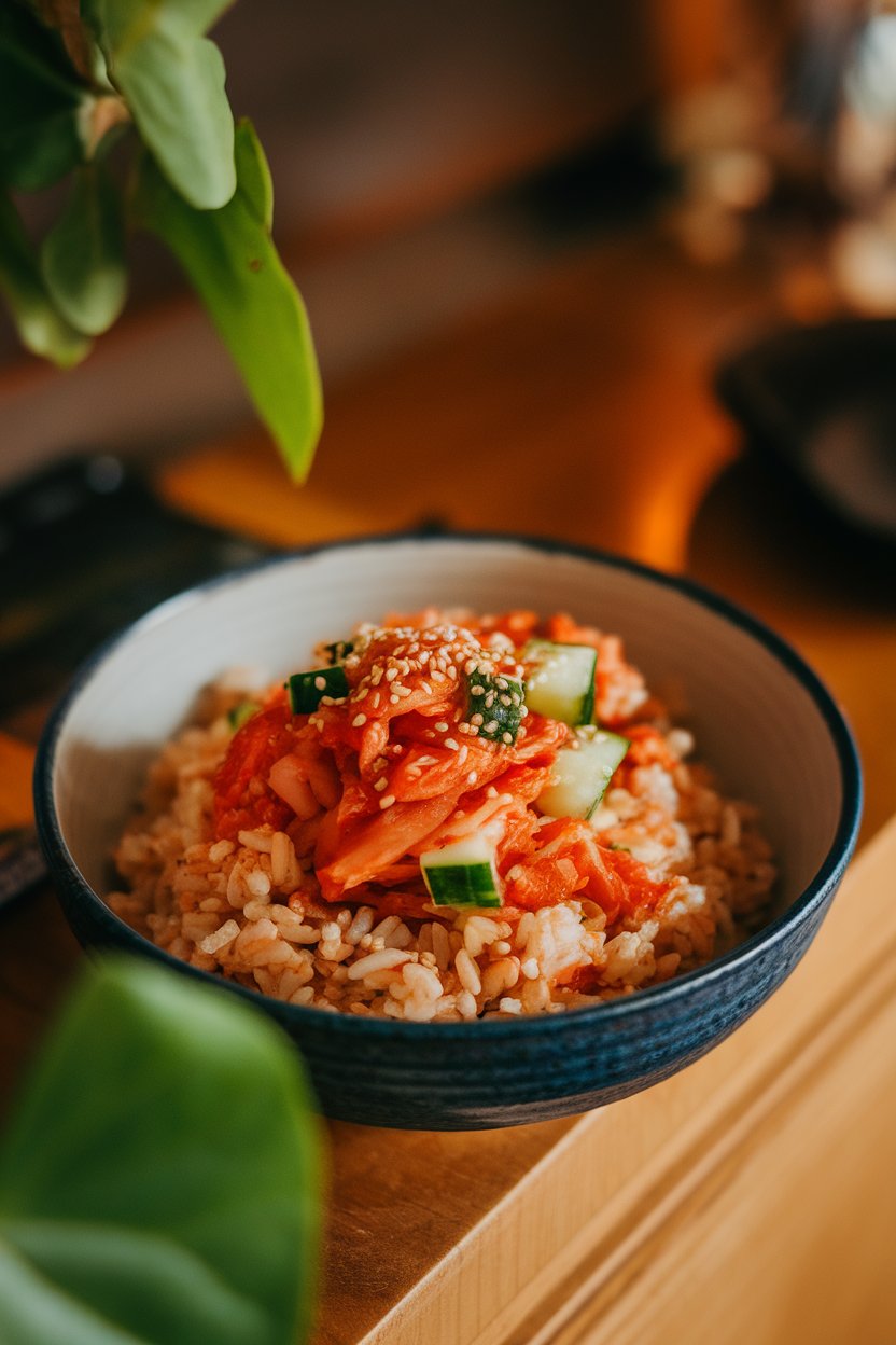Photo of brown rice mixed with chopped kimchi, cucumber, and sesame seeds inside an indoor bowl, no text or logos.
