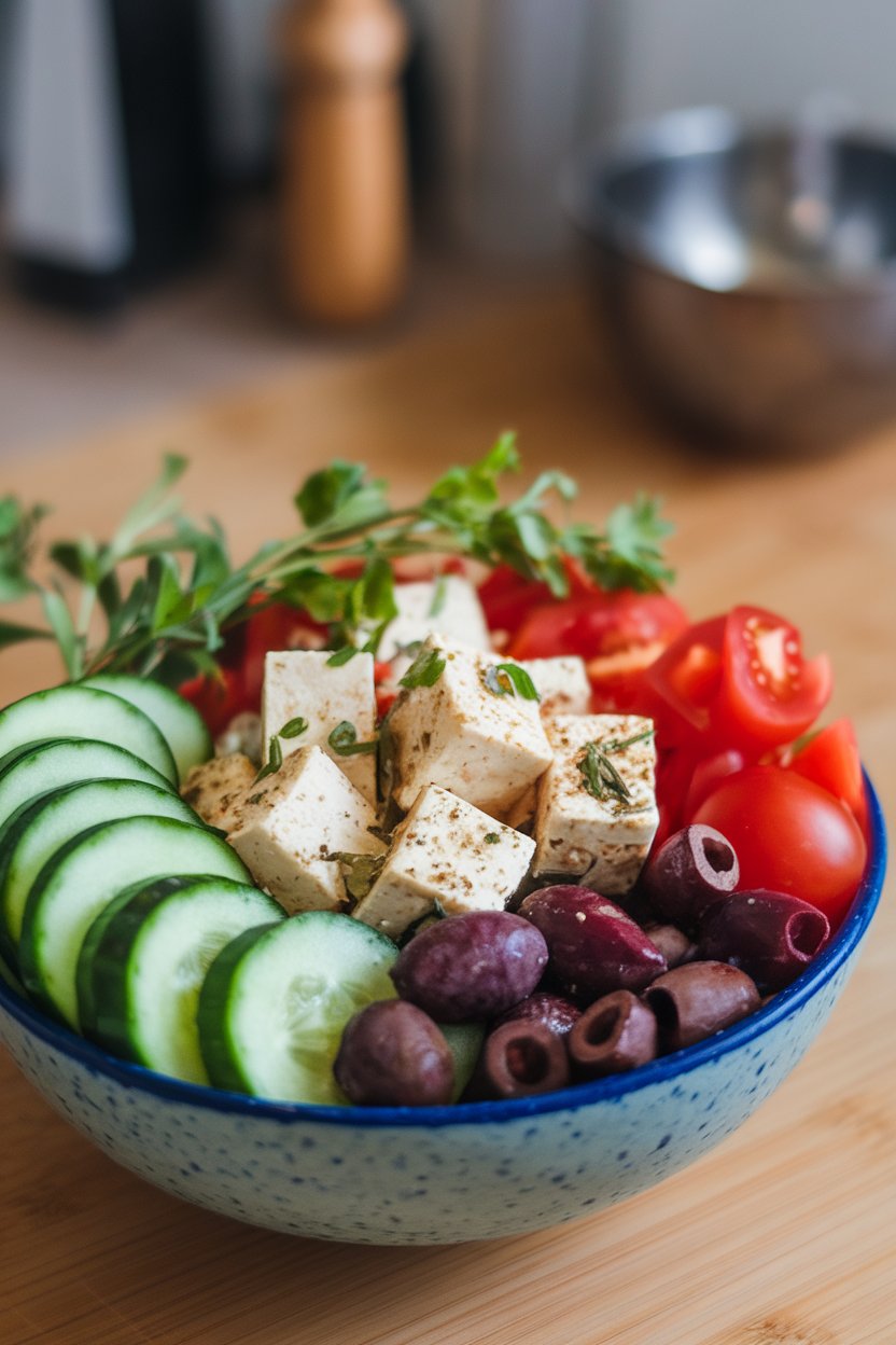 An indoor bowl of cucumber, tomato, olives, and small white tofu cubes seasoned like feta; photo only, no text or logos.