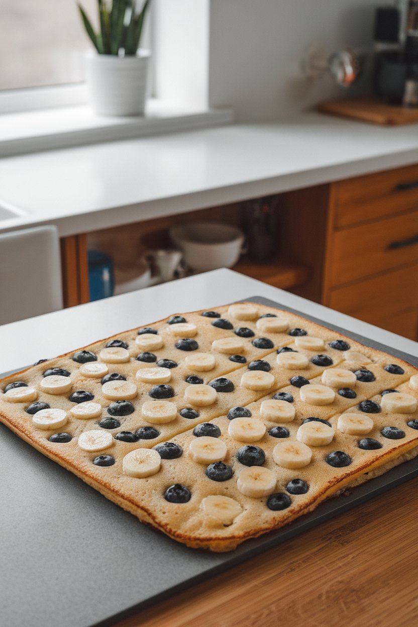 An indoor kitchen island with a large rectangular pancake dotted with blueberries and banana slices, cut into squares. No text or logos. Photo.