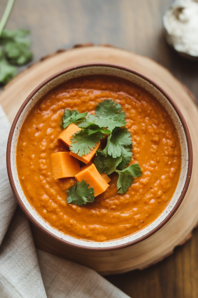 Indoor photo, overhead angle, thick orange dhal soup with sweet potato cubes and cilantro on top; no text or logos