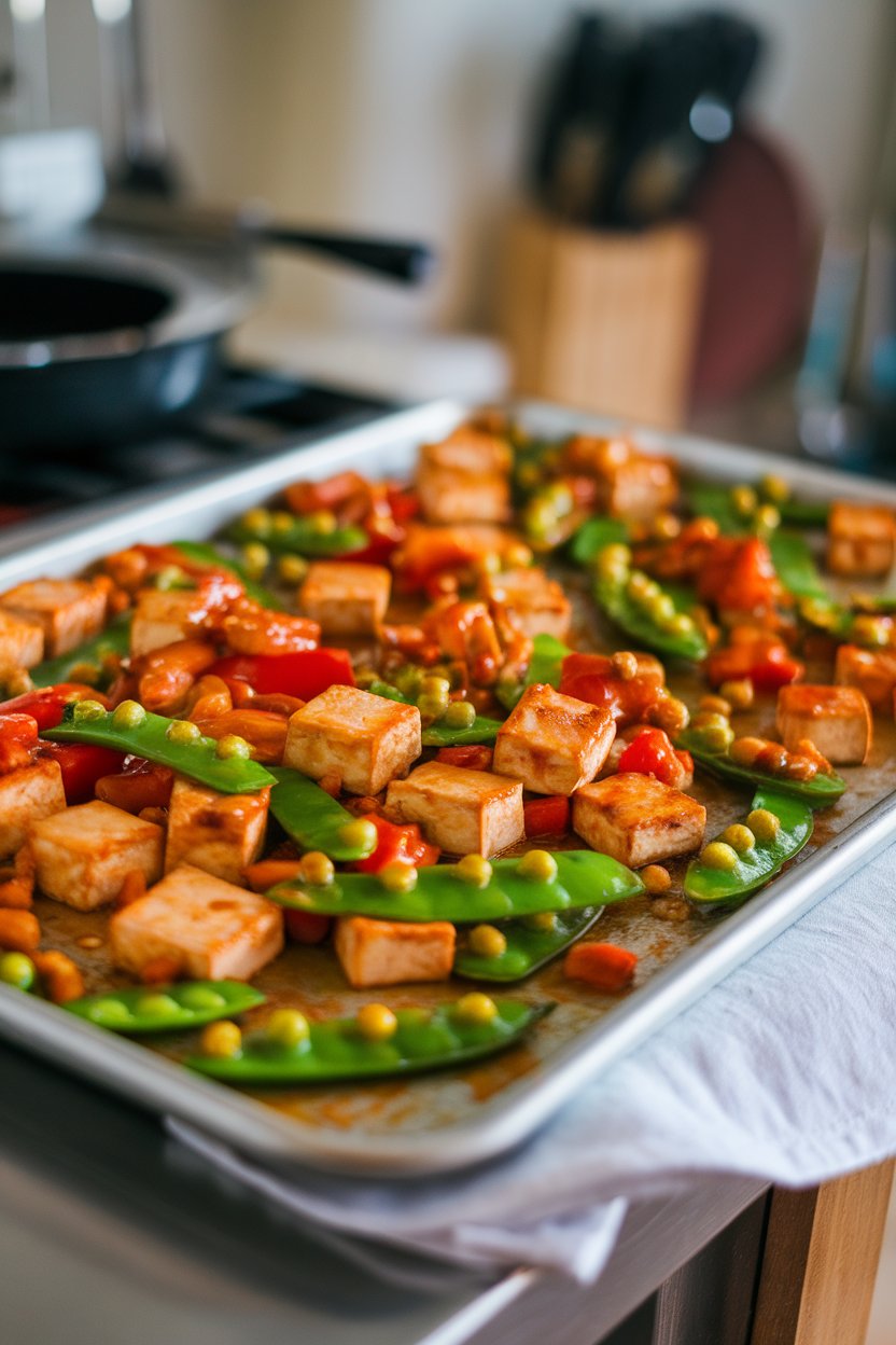 A sheet pan on an indoor countertop featuring cubed tofu, bell peppers, and snap peas coated in sweet chili glaze; no text or logos; photo