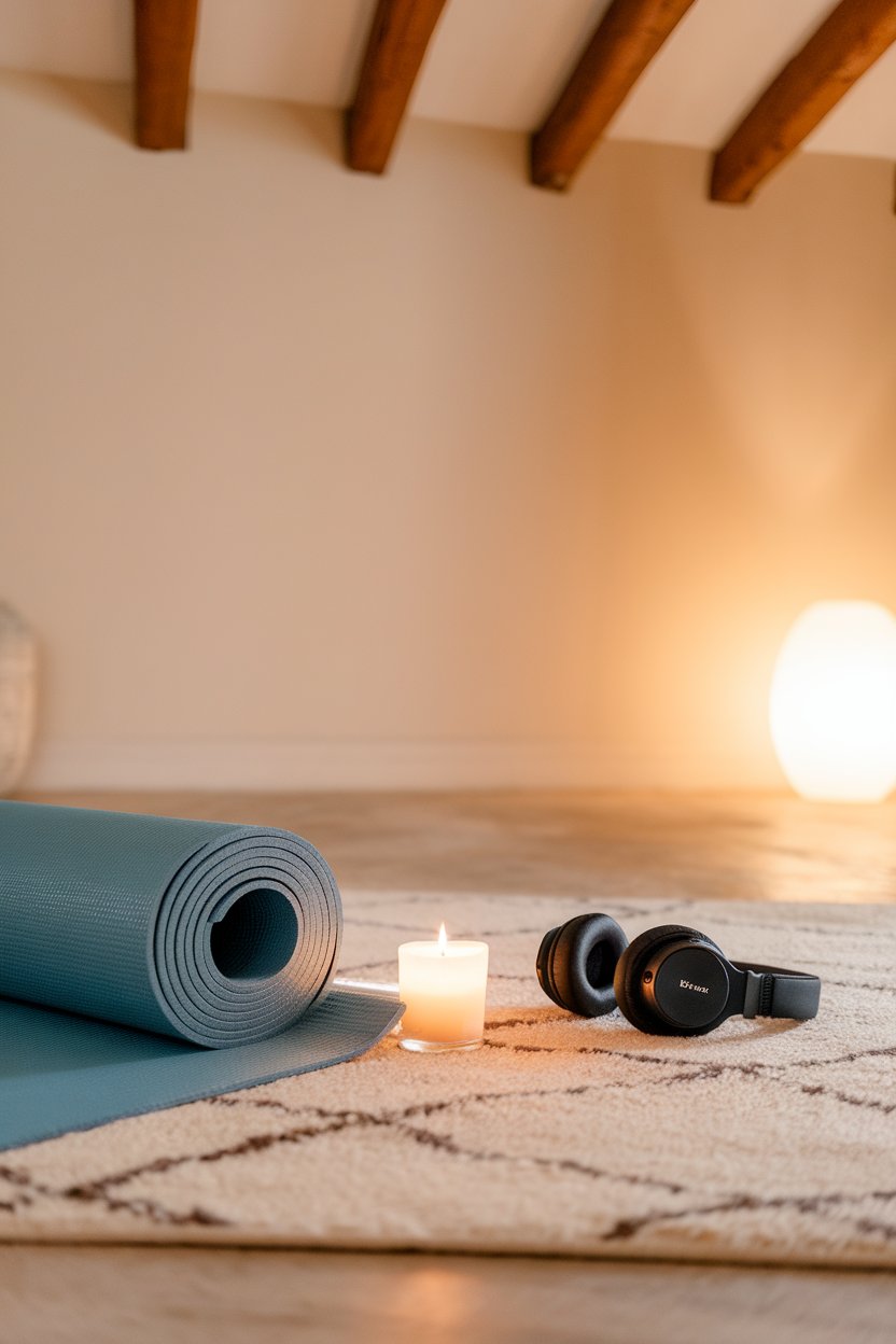 An indoor yoga mat rolled out next to a small candle and headphones, no text or logos, photo only