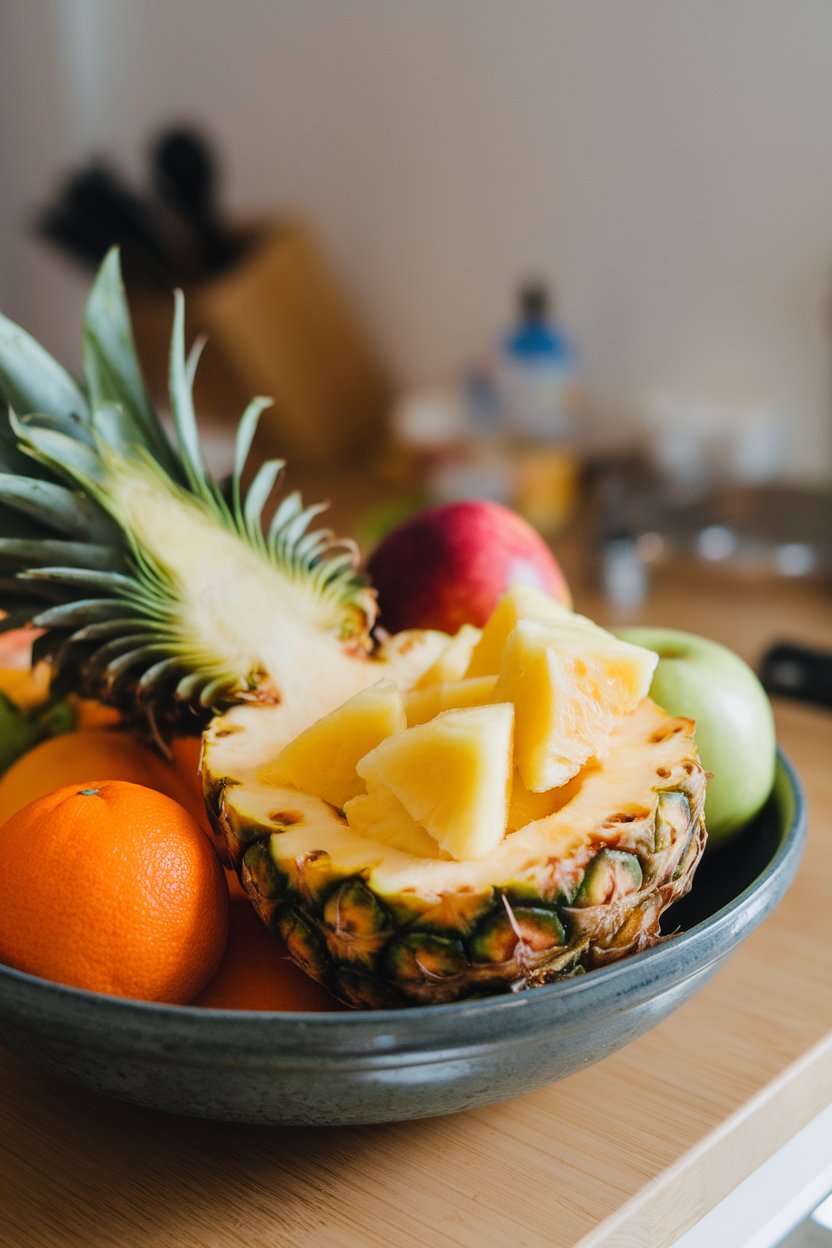 Indoor fruit bowl with pineapple chunks served in their hollowed-out shell, soft kitchen lighting. No text or logos. Photo.